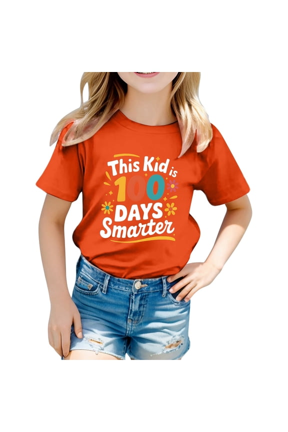 Kids' This Kid Is 100 Days Smarter Letter Print Crew Neck T Shirt Orange 10 Y-11 Y