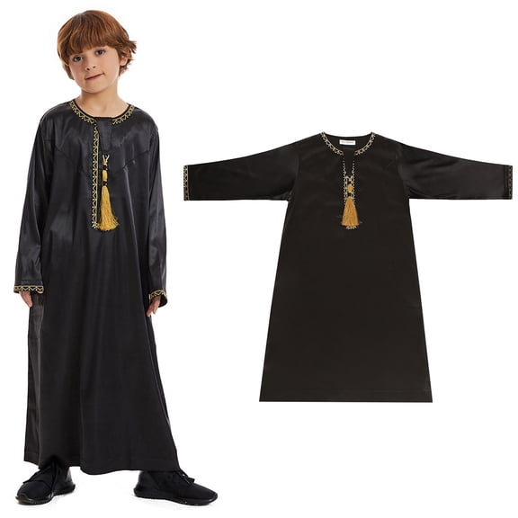 Kids Thobe Casual Long Sleeves Clothes Crew Neck Kids Robe Black Robe Boy 3-4 Years