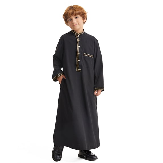 Kids Thobe Casual Long Sleeves Thobe Crew Neck Kids Robe Black Kaftan 5-6 Years