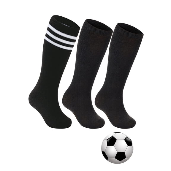 Kids Three Stripes High Knee Cotton Socks Thigh Tights Athletic Soccer Unisex Socks 3 Pairs Black and Black White