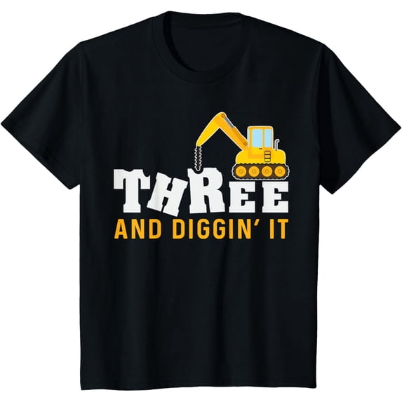 Kids Three and Diggin' It 3rd Birthday Construction 3 Excavator T-Shirt