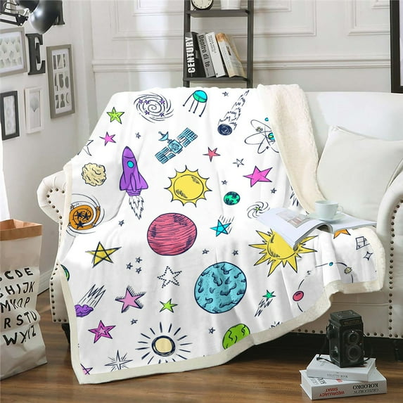 Kids Throw Blanket Blanket Space Rocket Blanket Universe Themed Throw Blanket for Boys Girls Teens Outer Space Fuzzy Blanket Galaxy Space Planet The Earth Print Cartoon Sherpa Blanket 50“x60"