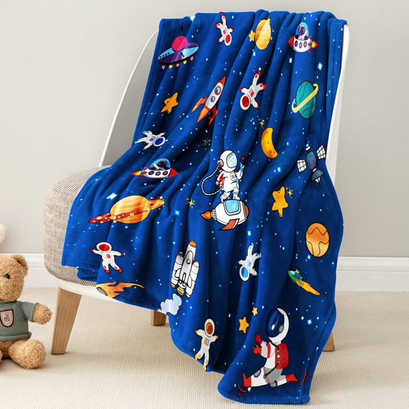 Kids Throw Blanket for Boys, Soft Fleece Blanket for Kids Boys, Cozy Toddler Blanket for Boys Girls Birthday Gifts, Fuzzy Cute Outer Space Throw Blanket for Couch Bed Car, Blue 50"X60"
