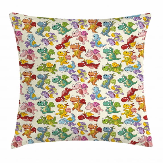 Kids Throw Pillow Cushion Cover, Cartoon Fire Dragons Silly Expressions Colorful Flying Fantasy Fairy Tale Characters, Decorative Square Accent Pillow Case, 18 X 18 Inches, Multicolor, by Ambesonne