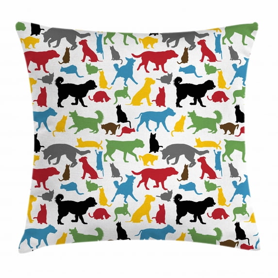Kids Throw Pillow Cushion Cover, Colorful Cats and Dogs Animal Silhouettes Domestic Pets Cartoon Canine Characters, Decorative Square Accent Pillow Case, 16 X 16 Inches, Multicolor, by Ambesonne