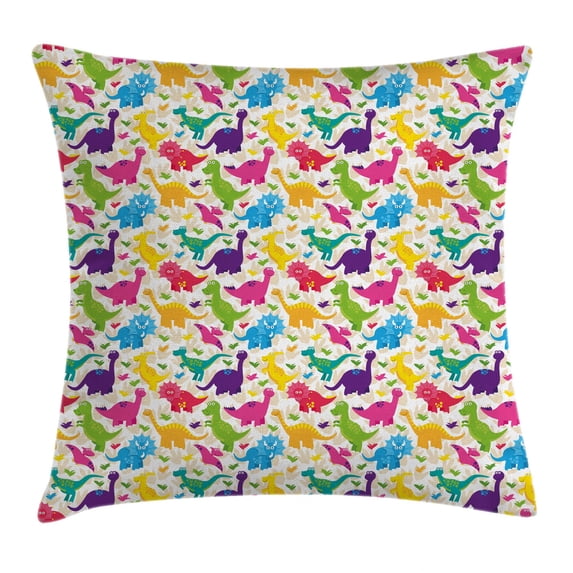 Kids Throw Pillow Cushion Cover, Cute Dinosaurs Pattern Baby Childish Playroom Nursery Toddler Wild Caricature Design, Decorative Square Accent Pillow Case, 18 X 18 Inches, Multicolor, by Ambesonne