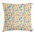 thumbnail image 1 of Kids Throw Pillow Cushion Cover, Cute Funny Letters in Lively Colors Cartoon Style ABC Alphabet on Polka Dots Backdrop, Decorative Square Accent Pillow Case, 18 X 18 Inches, Multicolor, by Ambesonne, 1 of 2