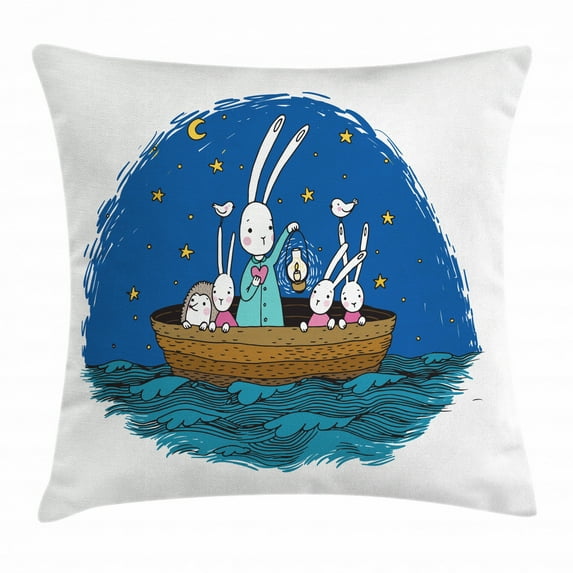 Kids Throw Pillow Cushion Cover, Little Bunnies and Hedgehog Floating in a Boat on the Wavy River Under a Night Sky, Decorative Square Accent Pillow Case, 16 X 16 Inches, Multicolor, by Ambesonne