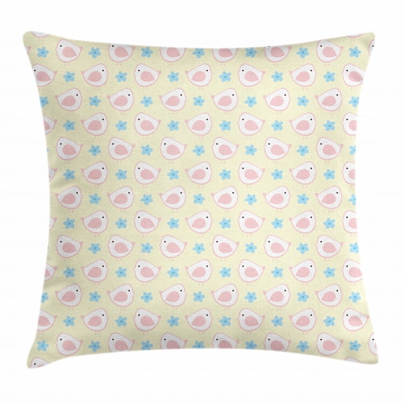 Kids Throw Pillow Cushion Cover, Lovely Birds with Cute Flowers Nursery Playroom Childish Cartoon Art, Decorative Square Accent Pillow Case, 16 X 16 Inches, Pale Yellow Rose Baby Blue, by Ambesonne
