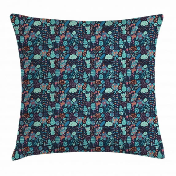 Kids Throw Pillow Cushion Cover, Nocturnal Concept of Colorful Cats Happy Faced Rainy Clouds Goofy Owls and Flowers, Decorative Square Accent Pillow Case, 18 X 18 Inches, Multicolor, by Ambesonne