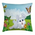 thumbnail image 1 of Kids Throw Pillow Cushion Cover, Rabbit on the Grass with Bee and Butterfly Birds Flowers Children Cartoon Fun Design, Decorative Square Accent Pillow Case, 24 X 24 Inches, Multicolor, by Ambesonne, 1 of 2