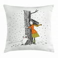 thumbnail image 1 of Kids Throw Pillow Cushion Cover, Young Girl and a Cute Little Pug Hugging a Tree Under Snowfall Sweet Winter Season, Decorative Square Accent Pillow Case, 16 X 16 Inches, Multicolor, by Ambesonne, 1 of 2