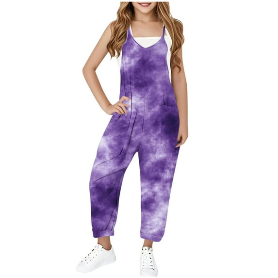 Kids Tie Dye Jumpsuits Girls Spaghetti Strap Wide Leg Jumpsuit Overalls Pocket Fashion Summer Casual Outfits for Girl, Purple, 9 Years