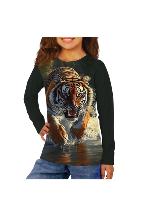 Kids Tiger Print Long Sleeve Crewneck Pullover Top Boys Girls Ages 3-14 Stretch Polyester Blend Casual Blouse Wild Design Spring Fall Winter Play Attire Layer Shirt Apparel