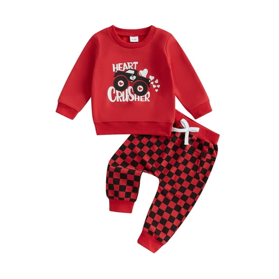 Kids Toddler Baby Boys 2-piece Outfit, 6 12 18 24 Months 2T 3T 4T Long Sleeve Letters Car Print Sweatshirt with Plaid Sweatpants Valentine’s Day Clothing Set