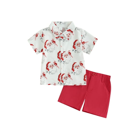 Kids Toddler Baby Boys Christmas Outfits Santa Claus Print Short Sleeve Button Down Shirt with Shorts Set Cute Clothes