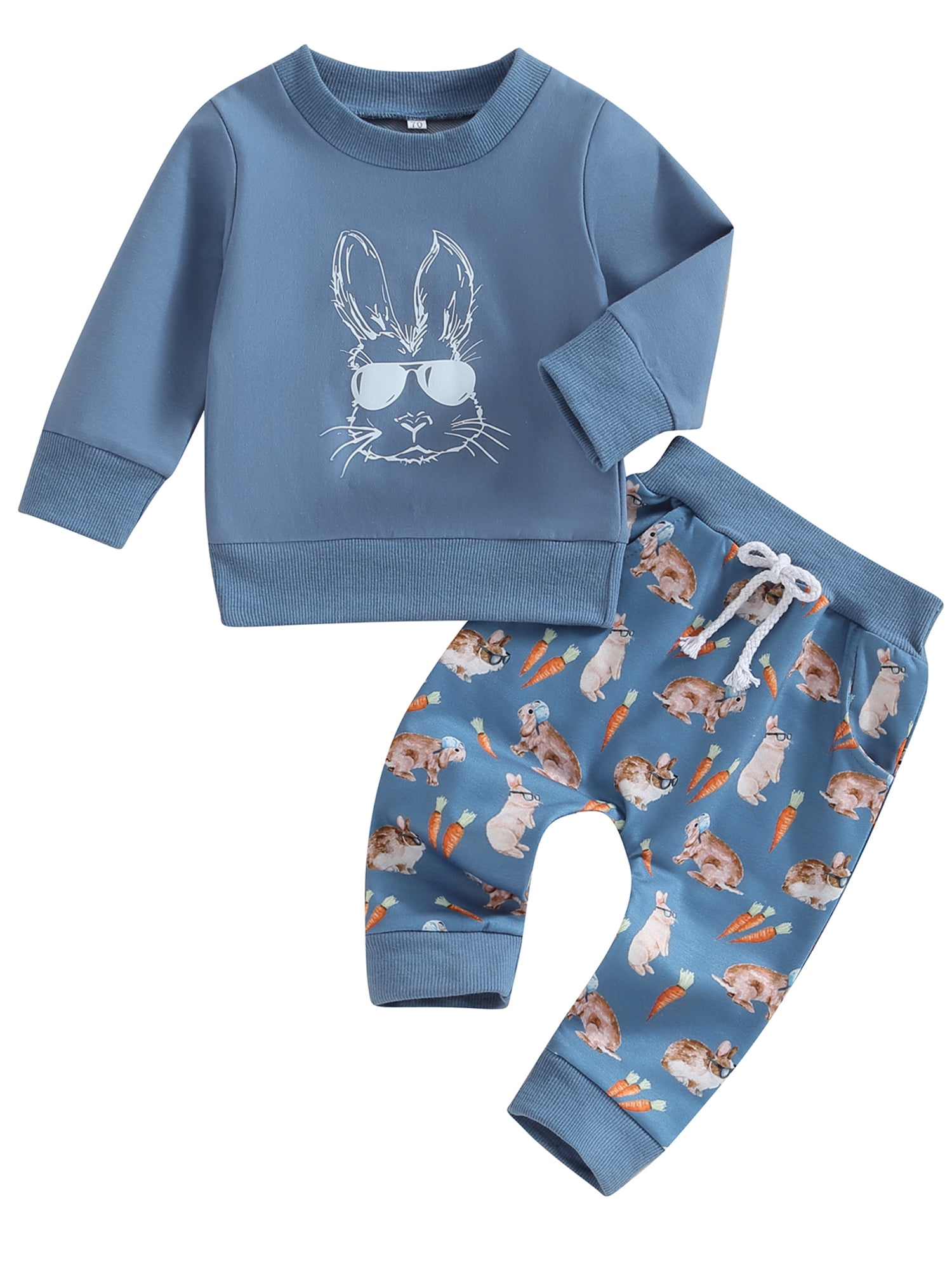 Kids Toddler Baby Boys Easter Outfits Set Blue Long Sleeve Sweatshirt