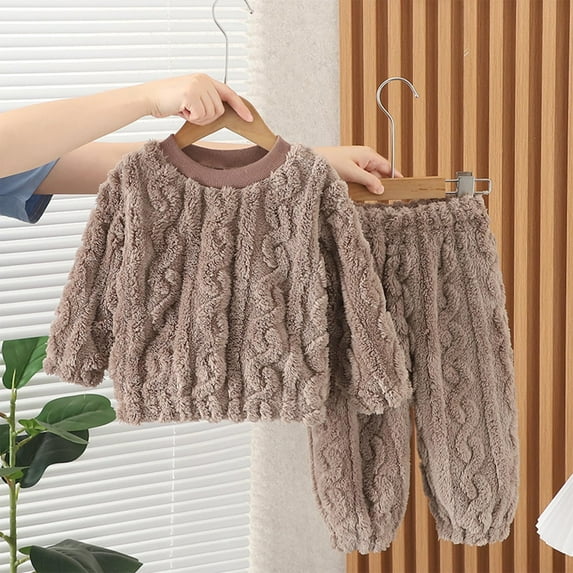Kids Toddler Baby Boys Girls Fall Winter Outfit Velvet Clothes Long Sleeve Sweatshirt Tops Long Pants 2Pcs Tracksuit Set Brown 0-1 Years