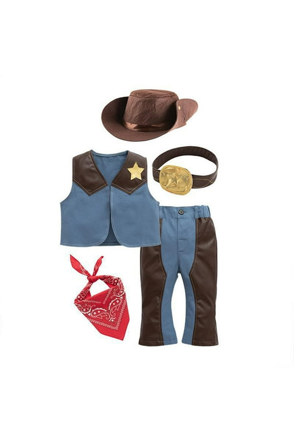Kids Toddler Baby Boys Sleeveless Western Cowboy For Kids Children Vest Hat Scarf Pants Belt 5pcs Set Party Kids Summer Outfit Sets Blue 3 Years-4 Years