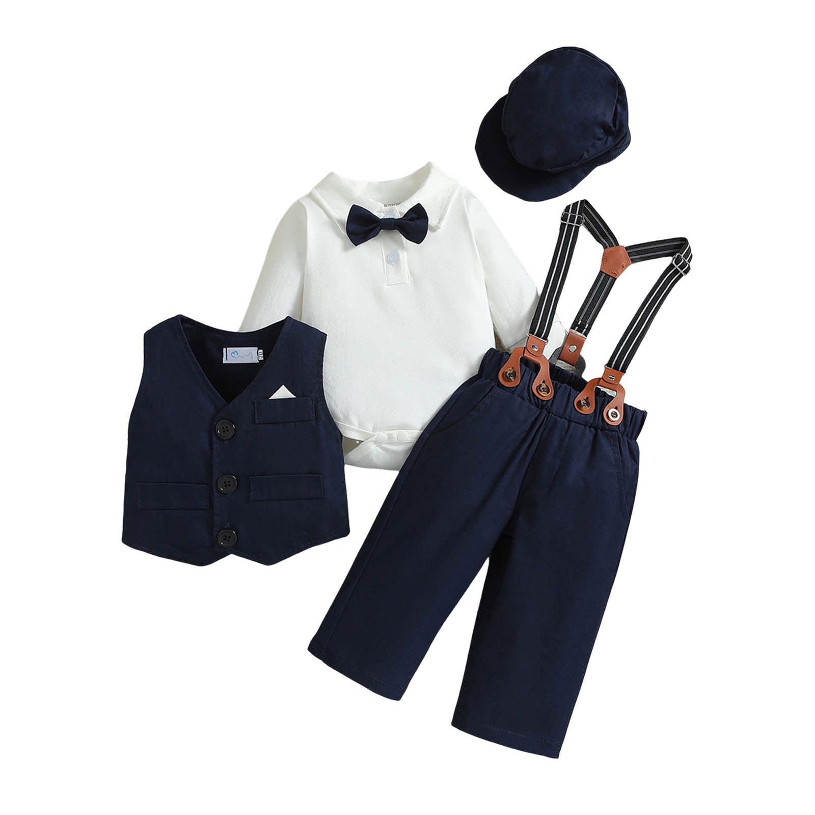 Kids Toddler Baby Boys Spring Autumn Print Long Sleeve Pants Romper Bodysuit Vest Hat Outfits 4Pc Suit Clothes Cute Comfy Stylish Set