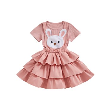 Baby Girl Easter Outfit Set - Bunny Print Ruffles T-Shirt & Suspender Skirt, Cotton, 18M-5T