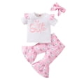 thumbnail image 1 of Kids Toddler Baby Girl Easter Outfits Short Sleeve Shirts Letter T-Shirt Bunny Flare Pants 3Pcs Summer Clothes Set, 1 of 9