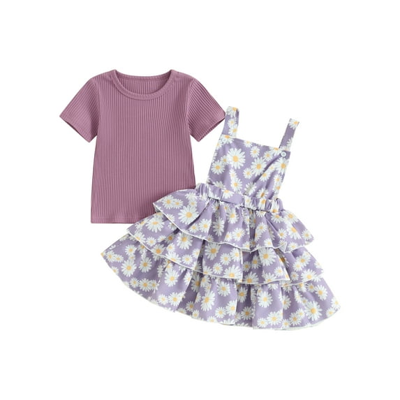 Kids Toddler Baby Girl Summer Outfits Short Sleeve T Shirts Tops Floral Daisy Tiered Ruffle Overall Dress Set 18M 2T 3T 4T 5T 6Y