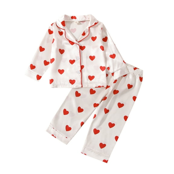 Kids Toddler Baby Girl Valentine's Day Pajamas Set, Heart Print Lapel Button Silk Pajamas 2 Piece Satin Pjs Sleepwear Outfit