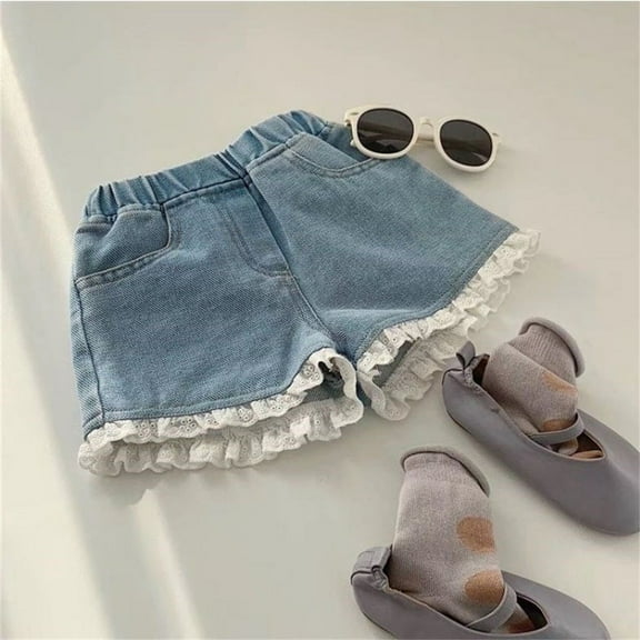 Kids Toddler Baby Girl's Solid Lace Spring Summer Jeans Shorts Denim Shorts Casual Shorts Daily Wearing Casual Girls Pants Blue 5-6 Years