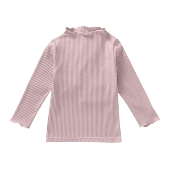 Kids Toddler Baby Girls Lettuce Trim Mock Turtleneck Long Sleeve Slim Fit Ribbed Knit Tee Shirt Tops Solid Color