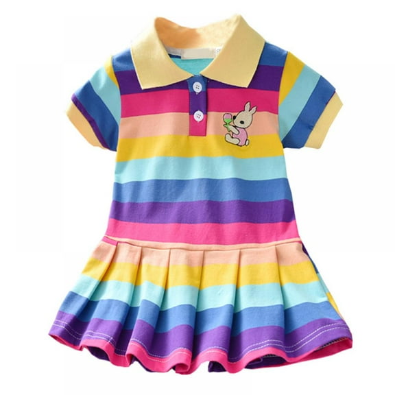 Kids Toddler Baby Girls Rainbow Dress Cute Bunny Decoration Dress Short Sleeve Princess Dress