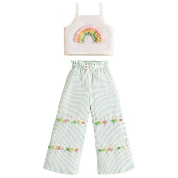 Kids Toddler Baby Girls Rainbow Embroidery Suspender Striped Wide Leg Pants Set Outfits Clothes