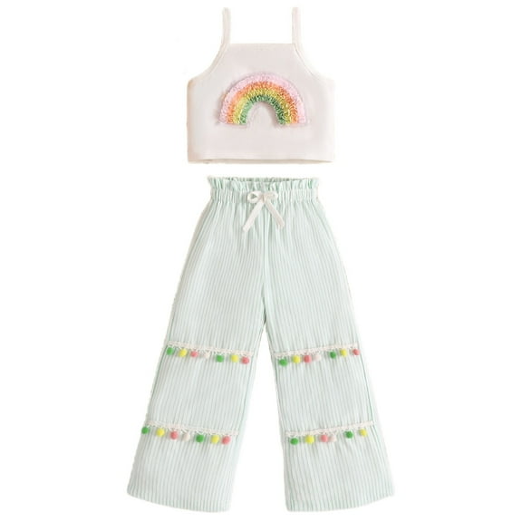 Kids Toddler Baby Girls Rainbow Embroidery Suspender Striped Wide Leg Pants Set Outfits Clothes