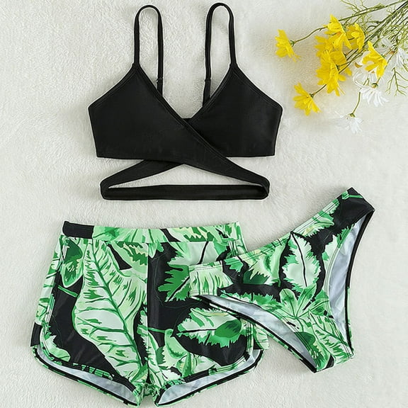 Kids Toddler Baby Girls Spring Summer Print Cotton Sleeveless Children's 3PC Leaves Swimsuit Swimwear Swimsuits for Teen Girls 12-14