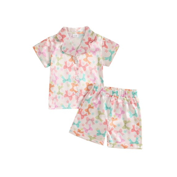 Kids Toddler Baby Girls Summer Outfit Sets Bow/Ice Cream/Boots/Dinosaur /Flower Print Short Sleeve Lapel Button Shirt Shorts 2 Pieces Lounge Suit Sleepwear