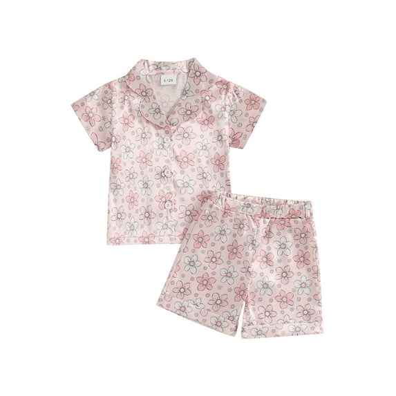 Kids Toddler Baby Girls Summer Outfit Sets Bow/Ice Cream/Boots/Dinosaur /Flower Print Short Sleeve Lapel Button Shirt Shorts 2 Pieces Lounge Suit Sleepwear