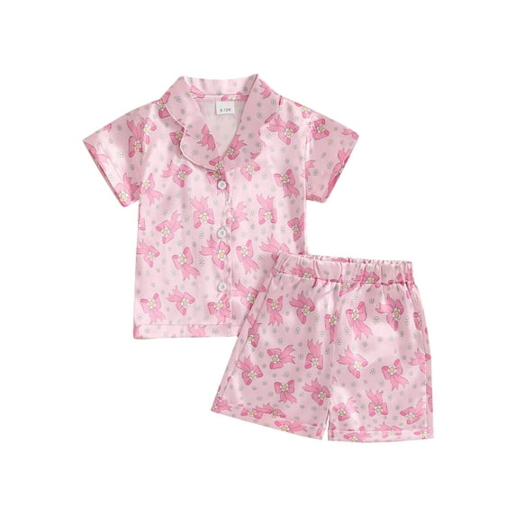Kids Toddler Baby Girls Summer Outfit Sets Bow/Ice Cream/Boots/Dinosaur /Flower Print Short Sleeve Lapel Button Shirt Shorts 2 Pieces Lounge Suit Sleepwear
