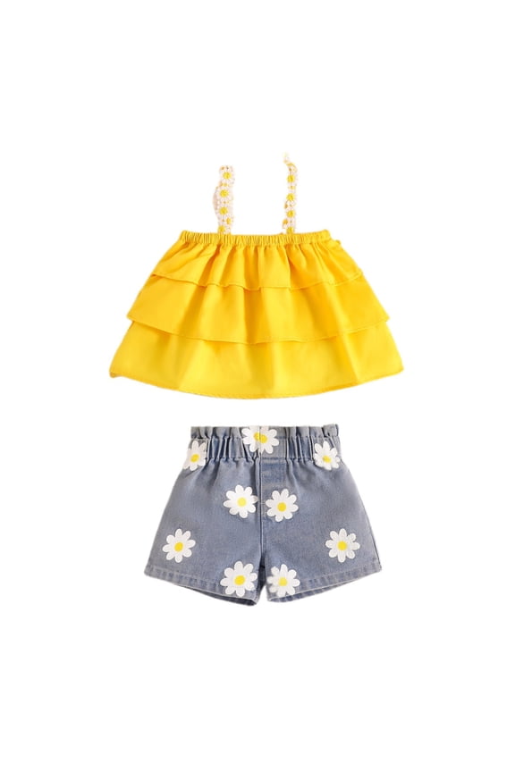 Kids Toddler Baby Girls Summer Suspender Daisy Print Denim Shorts Outfits Clothes