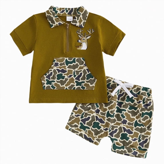 Kids Toddler Boy Back to School Outfit Dinosaur Embroidery Short Sleeve Polo Shirt Tops Plaid Shorts Set Clothes,Brown