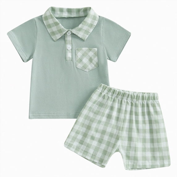 Kids Toddler Boy Back to School Outfit Dinosaur Embroidery Short Sleeve Polo Shirt Tops Plaid Shorts Set Clothes,Green
