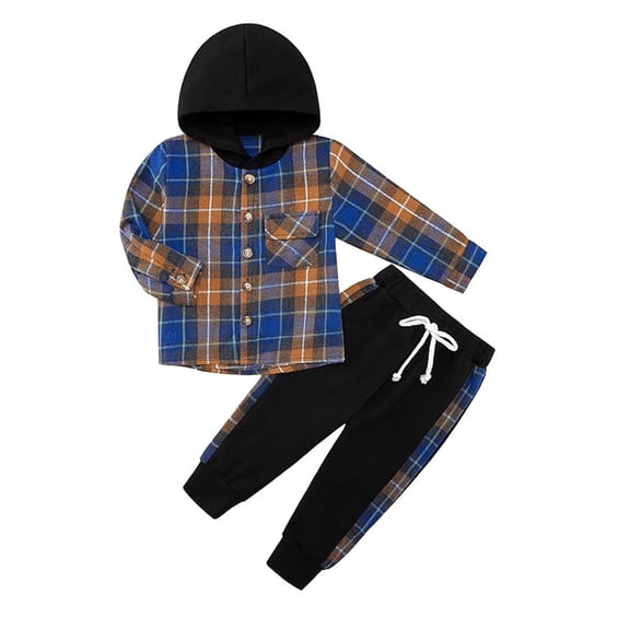 Kids Toddler Boy Clothes Flannel Plaid Hoodied Tops + Casual Pants Boys Fall Winter Outfits