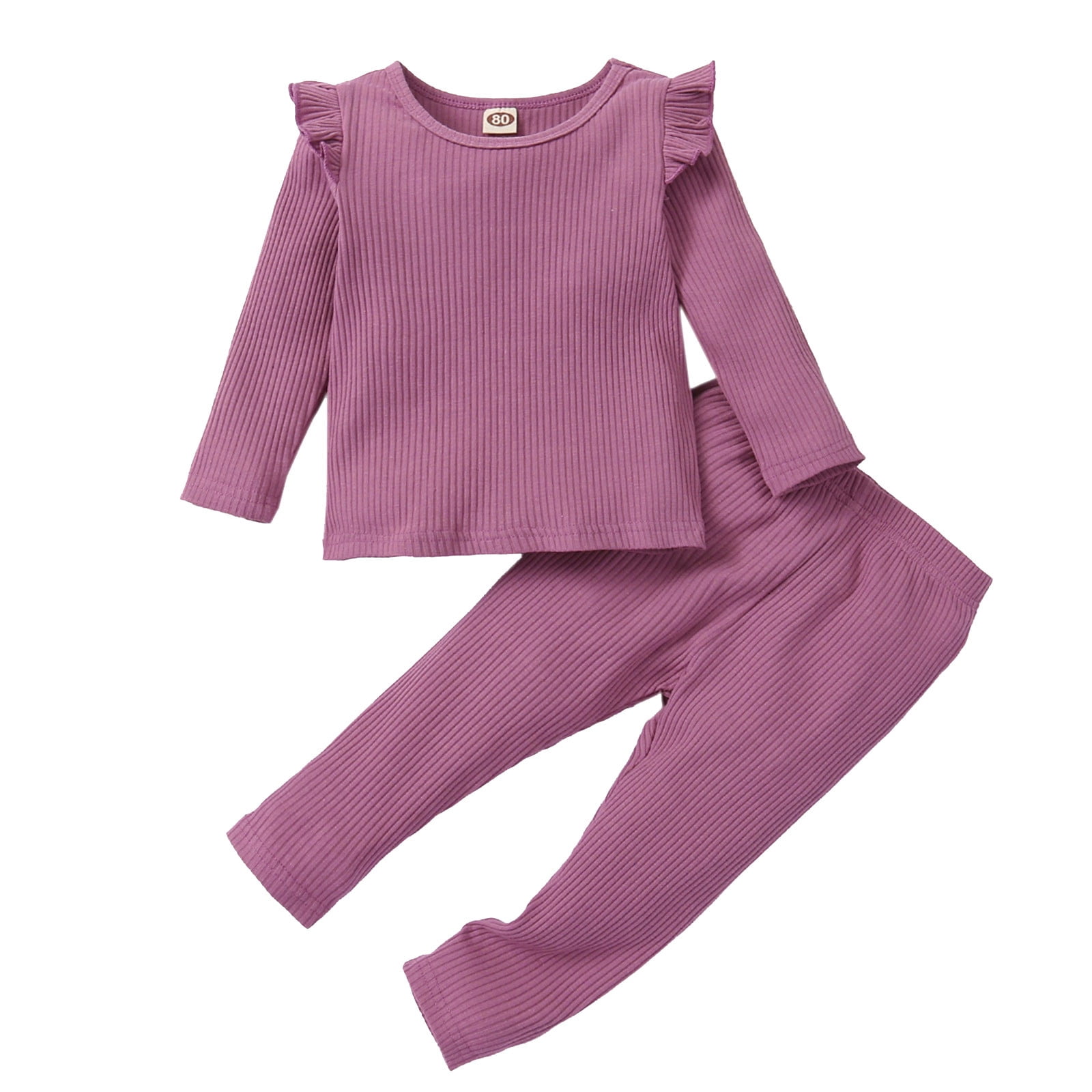 Kids Toddler Boy Girls Clothes Casual Soild Ribbed Long Sleeves Top Pants Set Outfit, Size 3