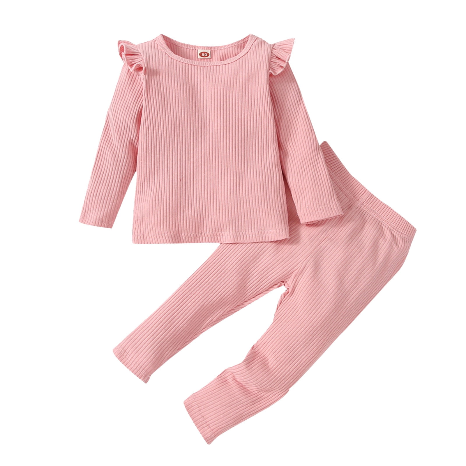 Kids Toddler Boy Girls Clothes Casual Soild Ribbed Long Sleeves Top Pants Set Outfit, Size 3
