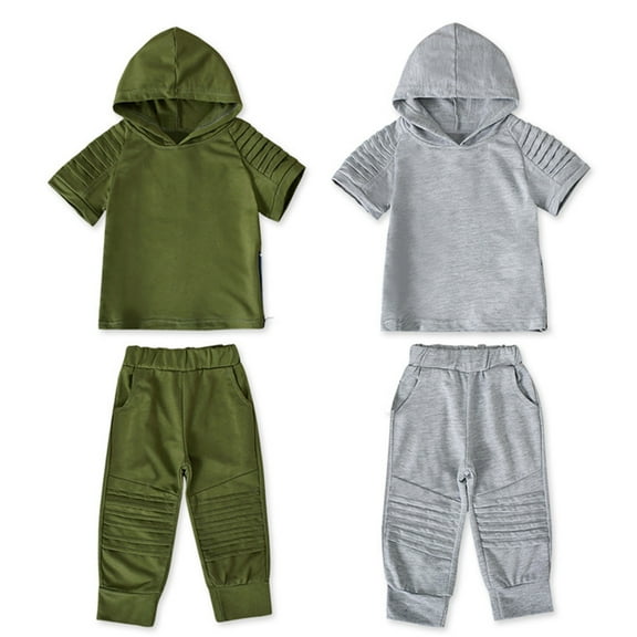 Kids Toddler Boys 2PCS Short Sleeve Sweatsuit Sweatpants Outfits Baby Summer Hoodie Sweatshirt+long Jogger Pants Little Boy Fashion Summer Track Suits for 1-6years