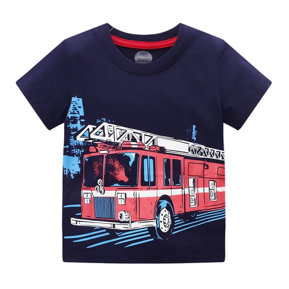 Kids Toddler Boys Cartoon Fire Truck Print T-Shirts Cotton Short Sleeve Tee Tops Holiday Beachwear Casual Clothes Kid Top