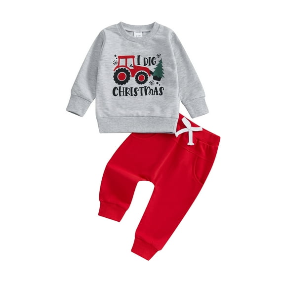 Kids Toddler Boys Christmas Costume, 12 18 24 Months 2T 3T 4T 5T Long Sleeve Crew Neck Excavator Tree Letters Print Hoodie and Sweatpants Baby Clothes Set