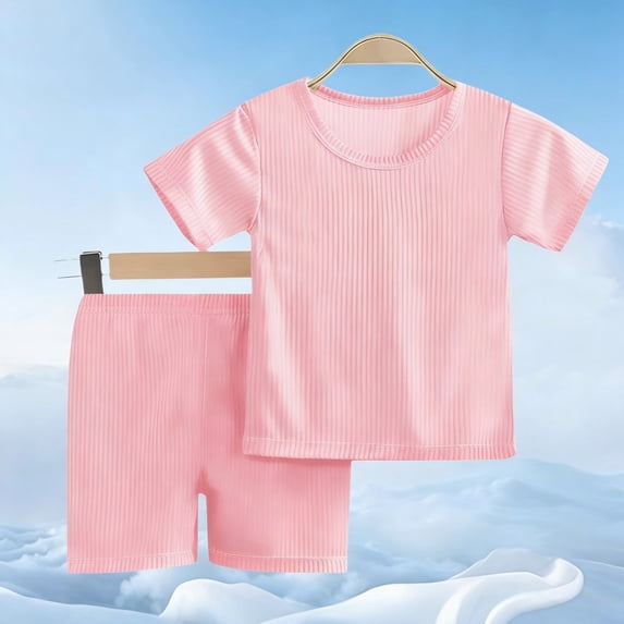 Kids Toddler Boys Girls 2 Piece Outfit Ribbed Knit Short Sleeve Crewneck T Shirt Top and Biker Shorts Playwear Clothes Casual Summer Activewear Sets