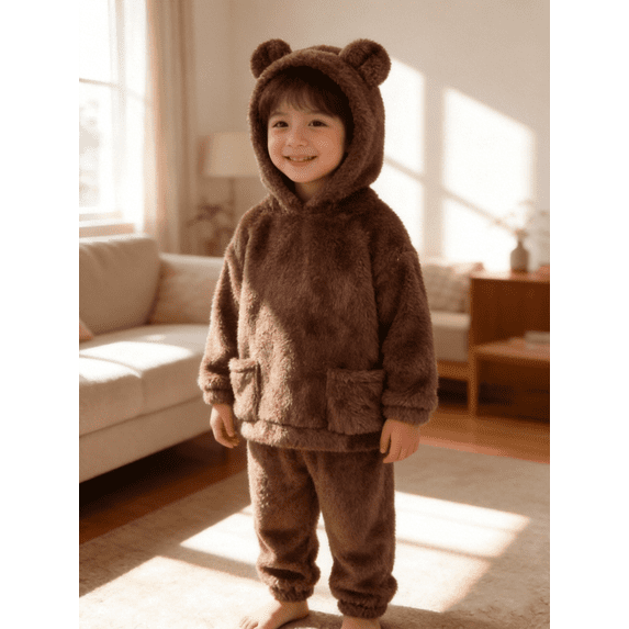 Kids Toddler Boys Girls Winter Clothes Warm Fleece Hooded Pajamas Sleepwear 2 Piece Loungewear Set, Size 1-7 Years