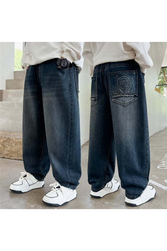 Kids Boys Denim Jeans Durable Denim Flexible Waist Dark Blue Regular Fit Jeans for Toddlers Rugged Twill Denim Weekend Adventure Wear Teen Boy Clothes 8-9 Years