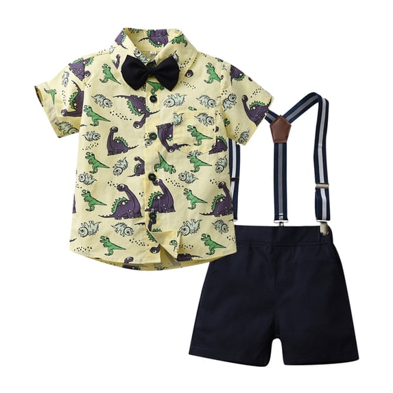 Kids Toddler Boys Shorts Set Casual Short Sleeve Cartoon Dinosaur Shirt Tops Shorts With Tie Gentleman Two Piece Clothes Set Summer Outfits,Size 6 Months 12 Months